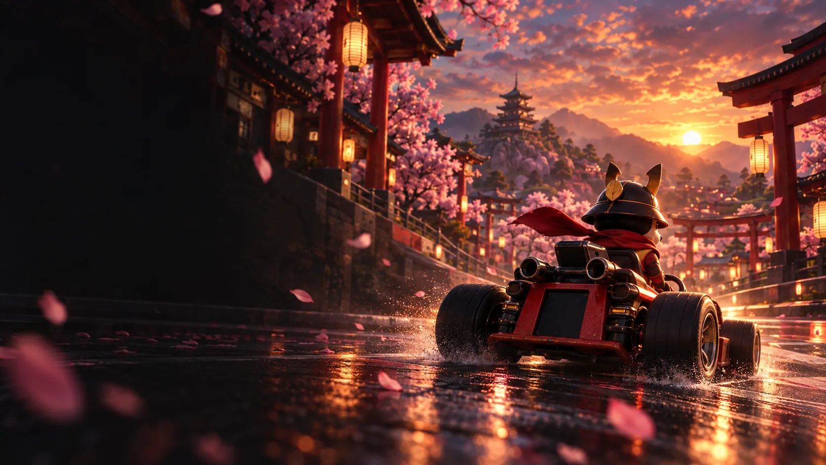 Konzeptkunst: ein Samurai-Hund im Kart in einer Kirschblütenstadt bei Laternenlicht