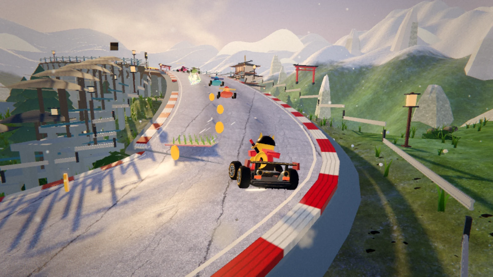 In-Game-Screenshot: Karts im Pulk auf einer Kurve