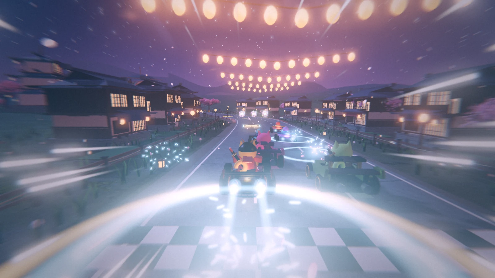 In-Game-Screenshot: Katanainu driftet im Kart über die Festivalstraße von Neon Matsuri, Kirschbäume und Laternen im Abendlicht