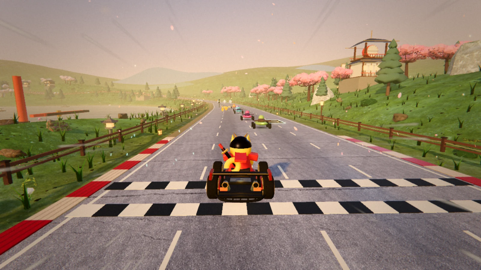 In-Game-Screenshot: Fahrerfeld am Seeufer des Fuji-Sees